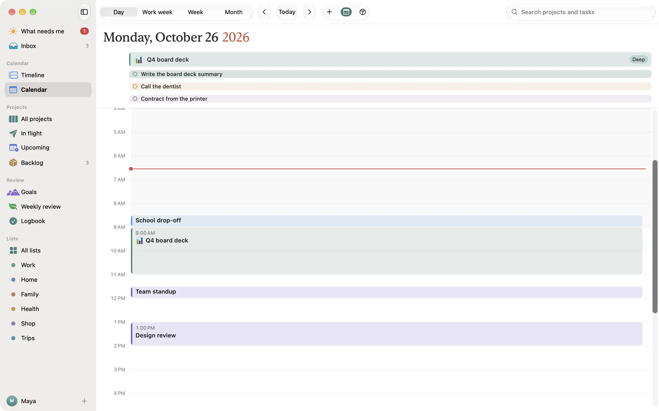 The Day view as an hour grid with meetings and time blocks.