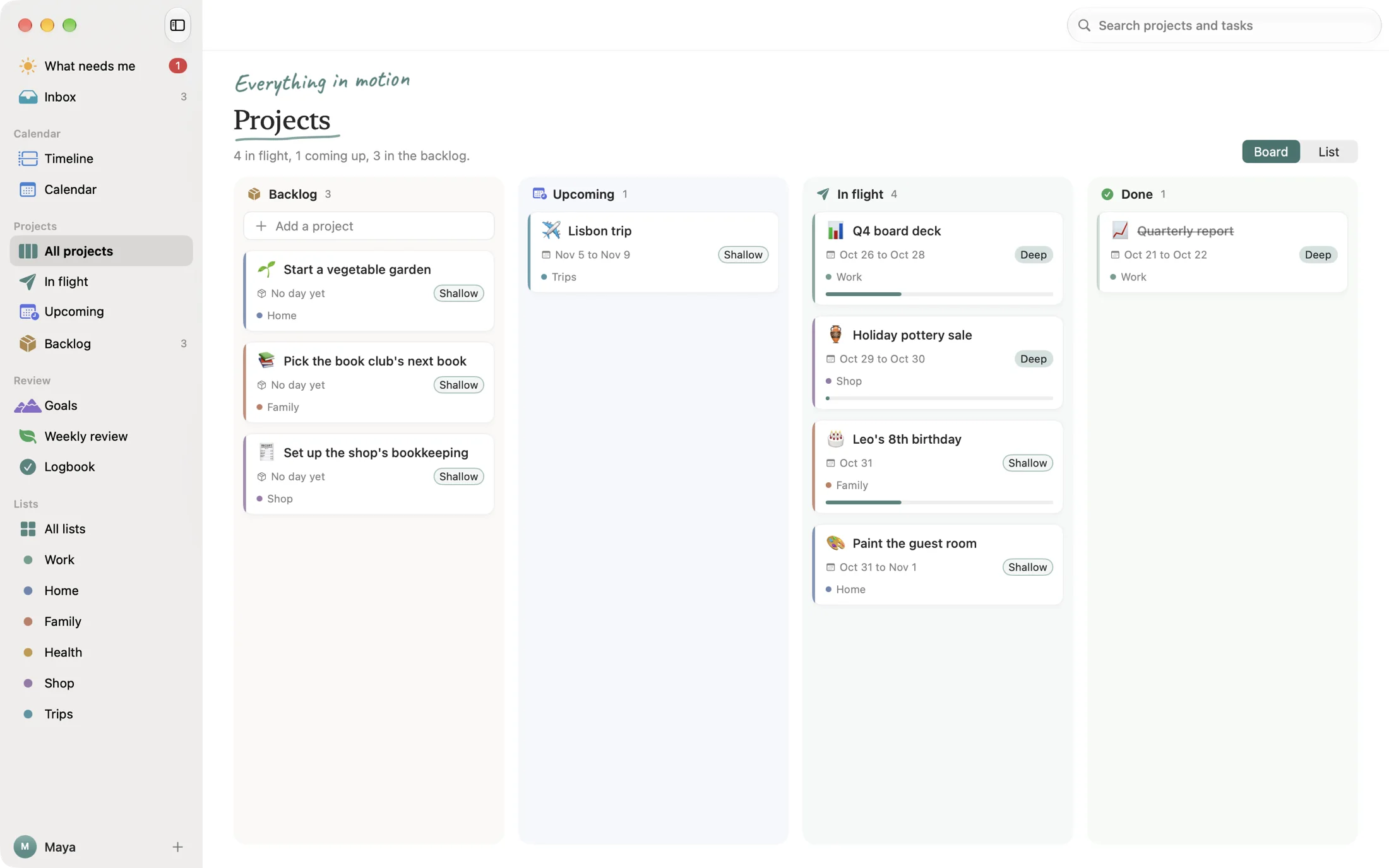 All projects as a board: Backlog, Upcoming, In flight and Done.